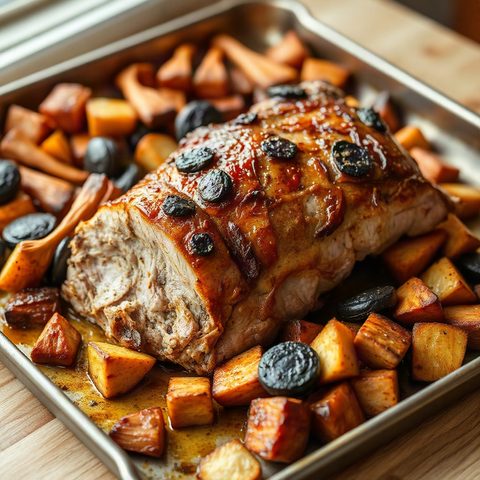 Rôti de porc à l'érable et à la moutarde, légumes racines rôtis