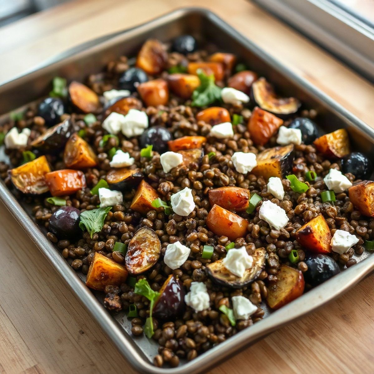 Warm Green Lentil Salad with Roasted Eggplant and Goat Cheese