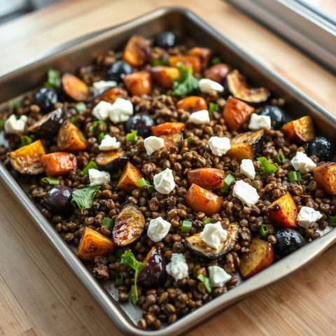 Salade tiède de lentilles vertes, aubergines rôties et chèvre