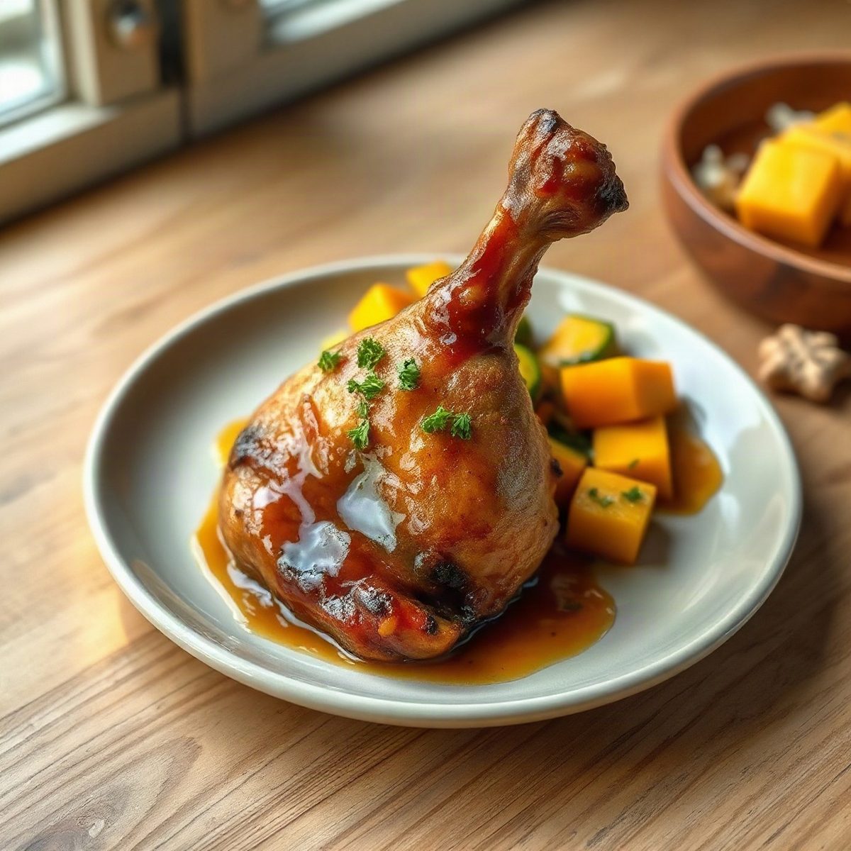 Drumsticks braisés au miel et soya avec courge buttercup