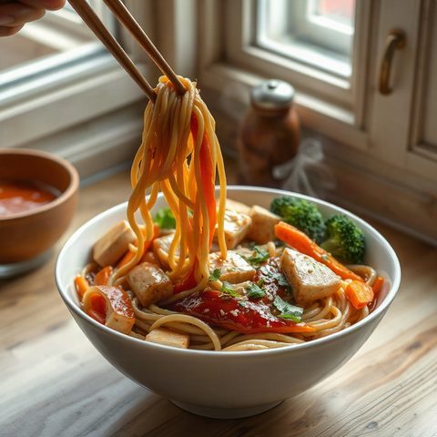 Udon sauté au tofu, carotte et brocoli