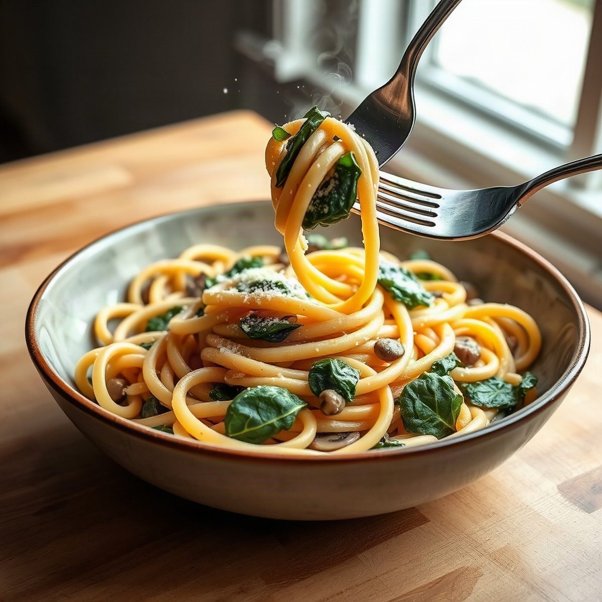 Creamy Fresh Pasta with Spinach and Mushrooms