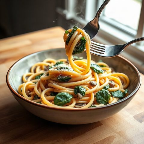 Pâtes fraîches crémeuses aux épinards et champignons