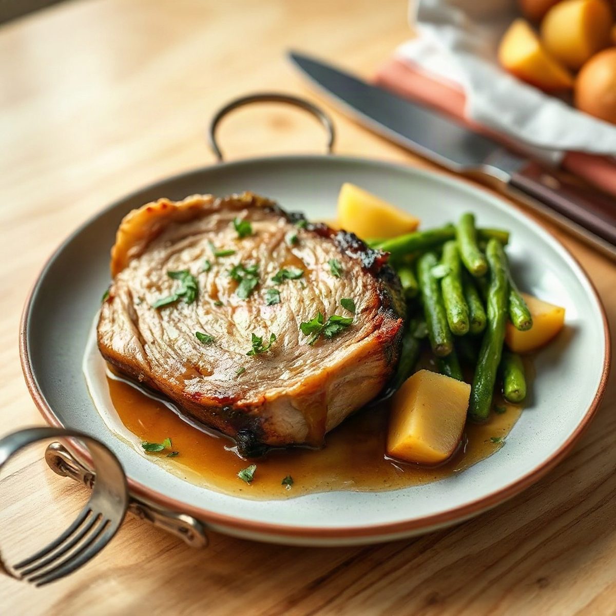 Épaule de porc braisée aux pommes et à la moutarde