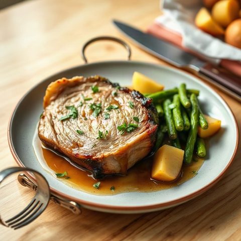 Épaule de porc braisée aux pommes et à la moutarde