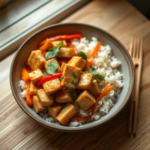 Tofu sauté aux poivrons et riz