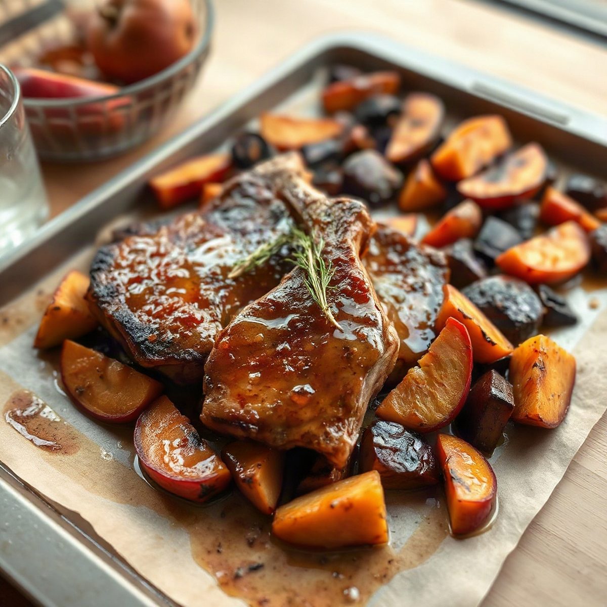 Côtelettes de porc glacées à l'érable, pommes et patate douce rôties