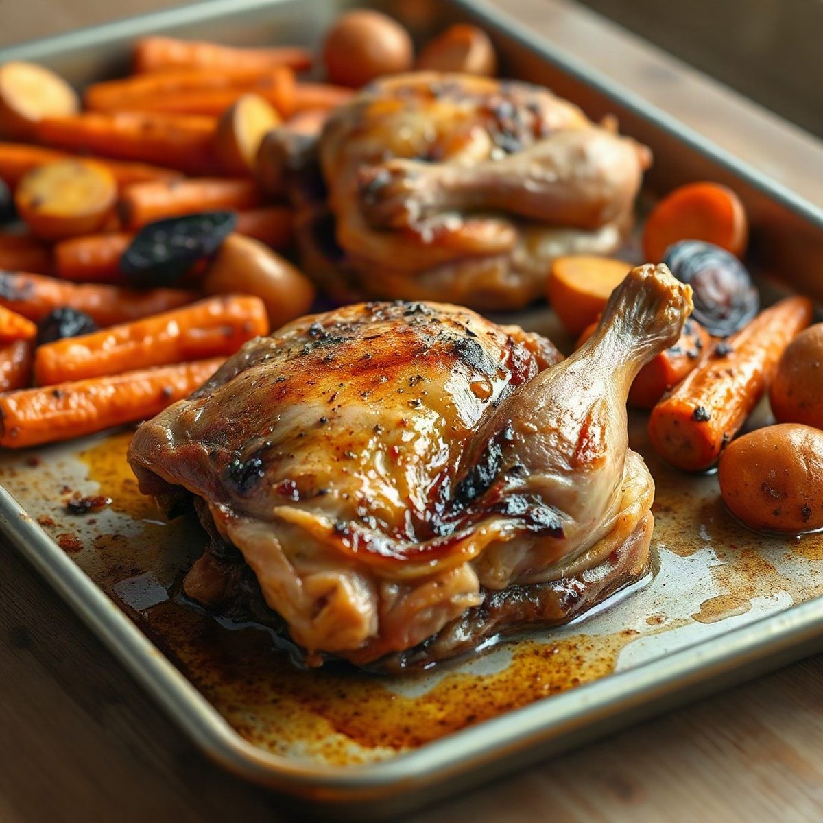 Hauts de cuisses de poulet rôtis aux carottes et pommes de terre