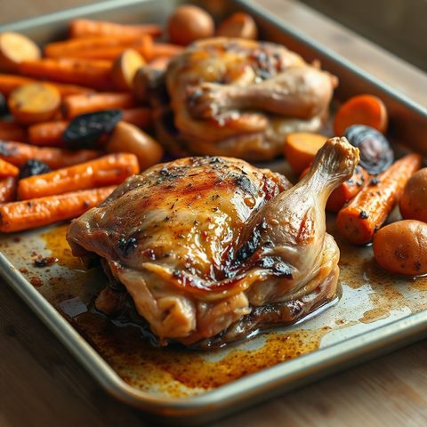 Hauts de cuisses de poulet rôtis aux carottes et pommes de terre