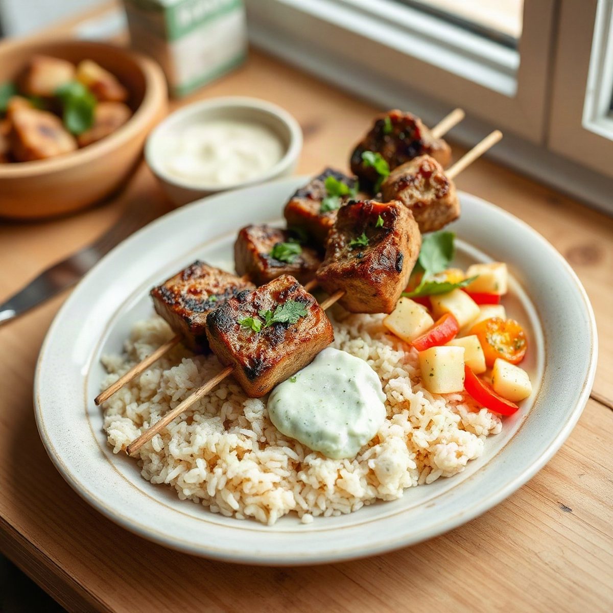 Brochettes de souvlaki de porc, riz et tzatziki à la menthe