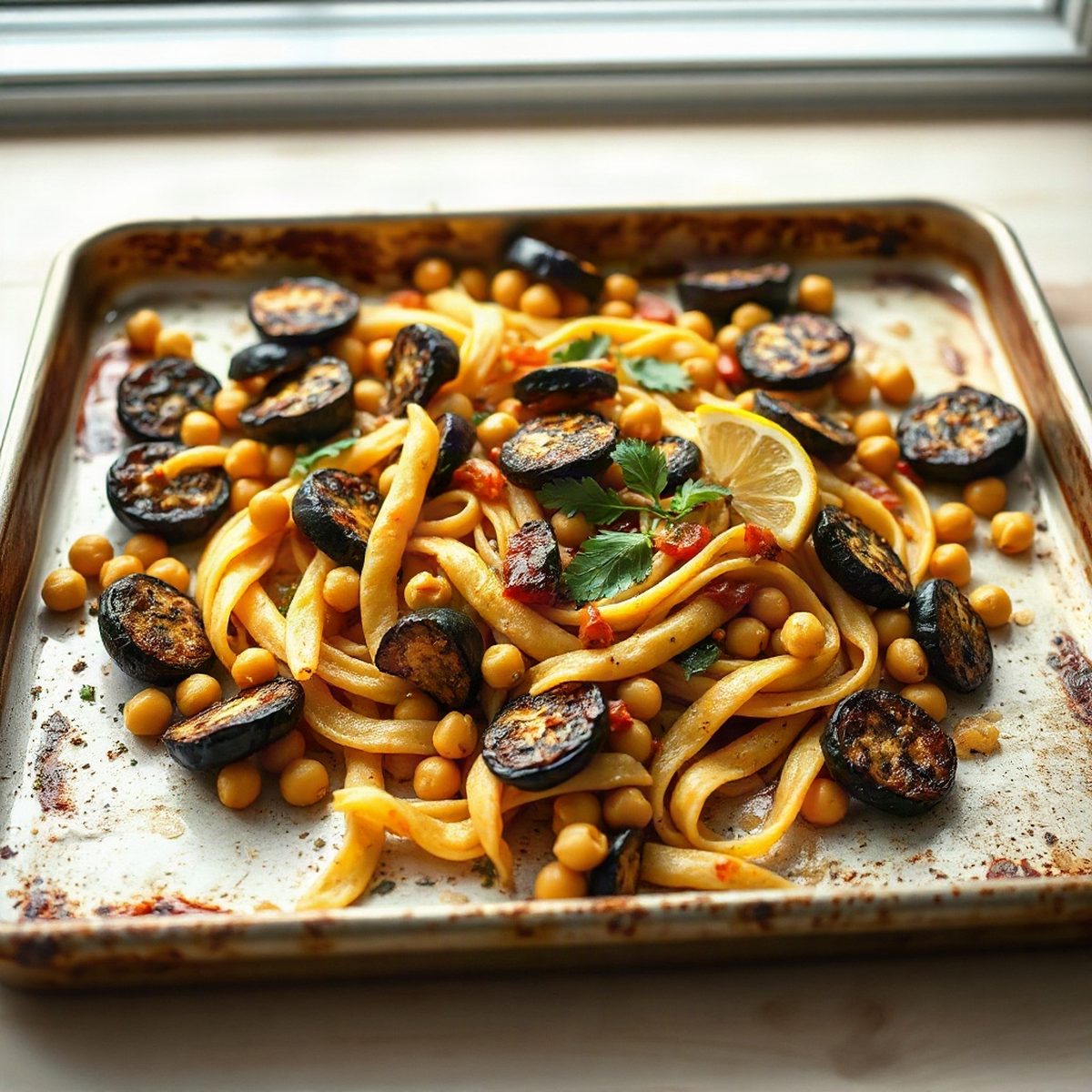 Pasta with chickpeas, roasted eggplant and lemon