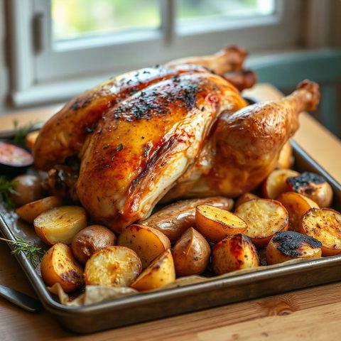 Poulet entier rôti aux pommes de terre jaunes et paprika fumé