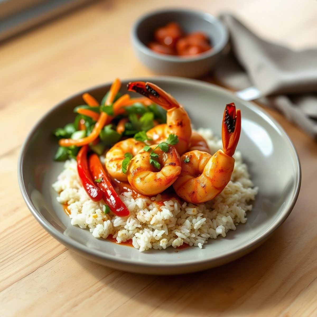 Crevettes épicées à la harissa et poivrons rouges sur riz