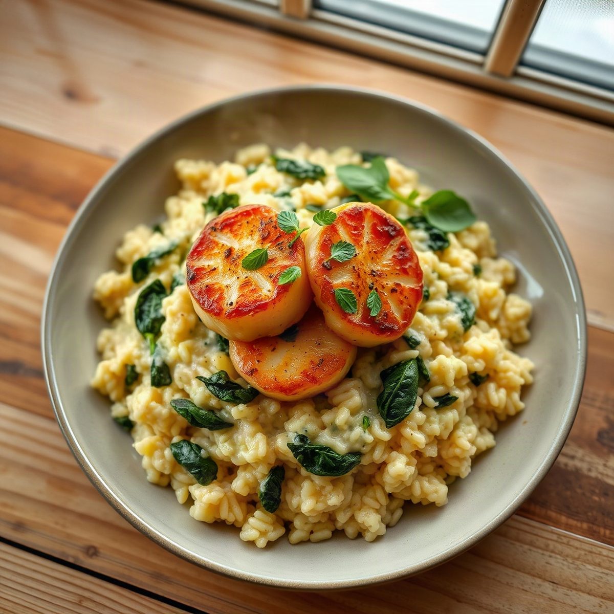 Seared Scallops over Creamy Spinach Rice
