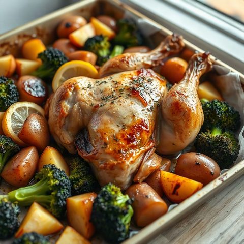 Poulet rôti au citron, ail et thym avec brocoli et pommes de terre