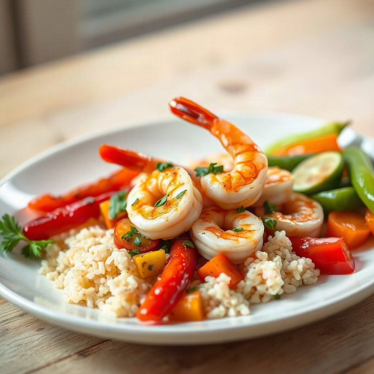 Crevettes sautées à l'ail et au citron sur riz aux poivrons