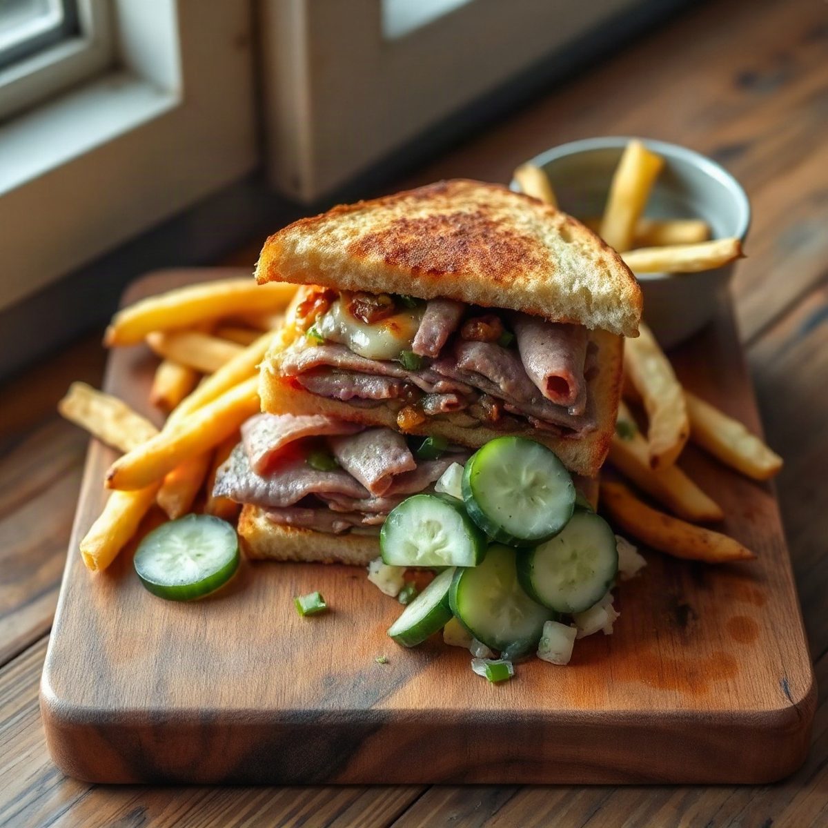 Smoked meat à la montréalaise, frites et salade de concombre mariné