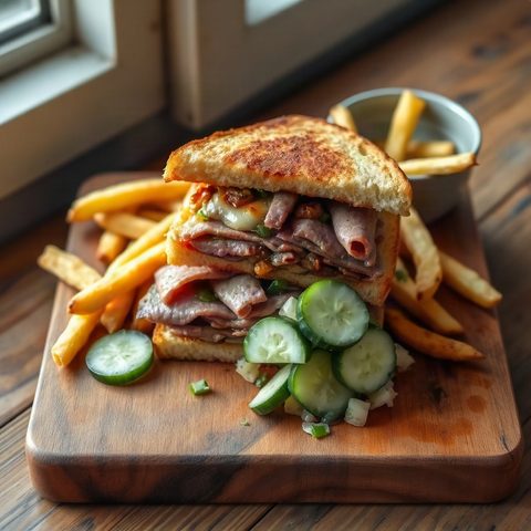 Smoked meat à la montréalaise, frites et salade de concombre mariné