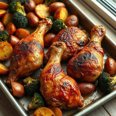 Pilons de poulet rôtis au paprika fumé, brocoli et pommes de terre
