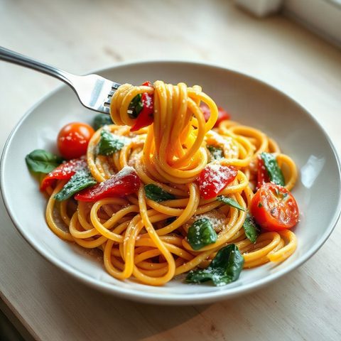 Pâtes aux mini piments doux, sauce tomate et épinards