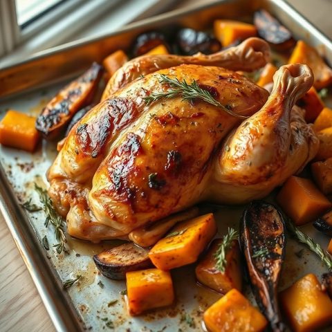 Poulet rôti aux courges d'automne et au thym
