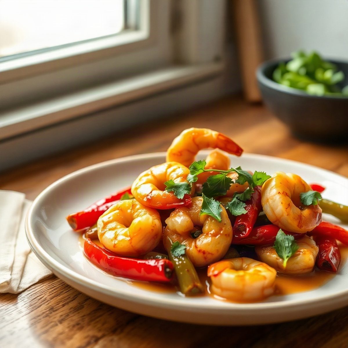Crevettes poêlées aux poivrons et miel-soya